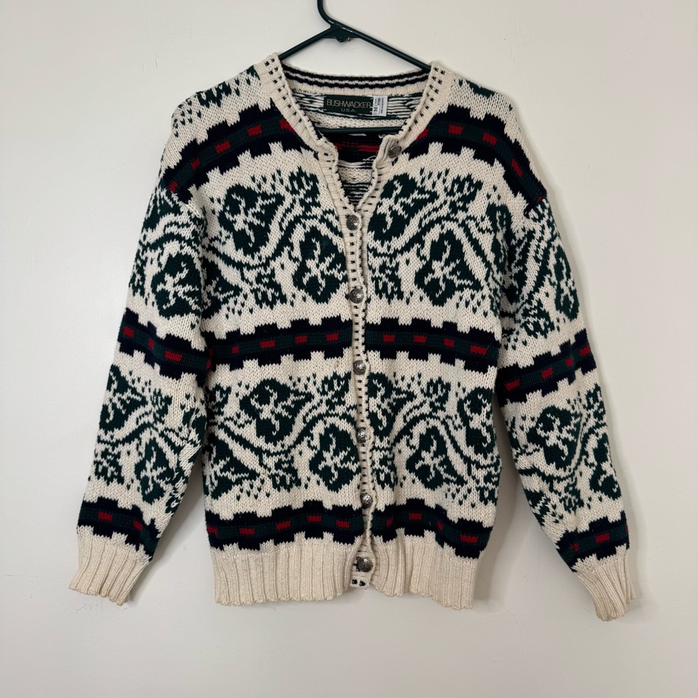 Vintage Bushwacker Cardigan Sweater Womens Medium Green Red Floral Made In USA